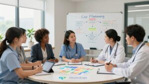 A professional healthcare setting where a diverse group of healthcare professionals, dressed in business attire, collaboratively develop an individualized care plan. In the foreground, a round table covered with colorful charts, digital tablets, and medical notes. In the middle ground, a whiteboard displaying the five-step care planning process, with key points highlighted. The background features a modern clinic with soft lighting, large windows allowing natural light to filter in, and potted plants adding warmth to the space. The mood is focused yet uplifting, emphasizing teamwork and dedication to patient outcomes. Logo of "Quantum Physiotherapy" subtly placed on the table, enhancing the setting's professionalism.