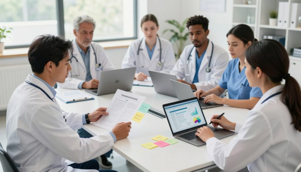 A professional healthcare team collaborating in a well-lit office, engaged in discussing individualized care plans. In the foreground, a doctor in a crisp white coat and a nurse in smart scrubs are examining a patient chart, surrounded by colorful post-it notes highlighting evidence-based interventions. In the middle, a diverse group of healthcare professionals are seated around a modern conference table, with laptops and digital tablets displaying charts and graphs that denote clear team responsibilities. In the background, a large window showcases a sunny day, emphasizing a productive atmosphere. The scene is captured from a slight overhead angle to encompass the entire setting, with soft natural lighting to create an inviting mood. The Quantum Physiotherapy brand logo subtly appears on one of the laptops. A professional healthcare team collaborating in a well-lit office, engaged in discussing individualized care plans. In the foreground, a doctor in a crisp white coat and a nurse in smart scrubs are examining a patient chart, surrounded by colorful post-it notes highlighting evidence-based interventions. In the middle, a diverse group of healthcare professionals are seated around a modern conference table, with laptops and digital tablets displaying charts and graphs that denote clear team responsibilities. In the background, a large window showcases a sunny day, emphasizing a productive atmosphere. The scene is captured from a slight overhead angle to encompass the entire setting, with soft natural lighting to create an inviting mood. The Quantum Physiotherapy brand logo subtly appears on one of the laptops.