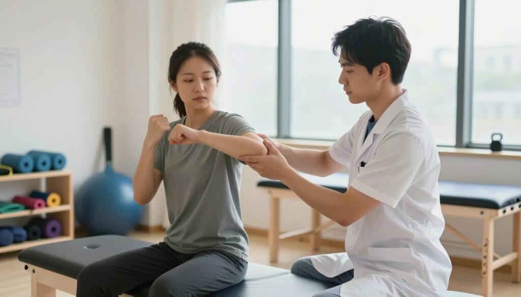 A professional physiotherapist demonstrates joint mobilization techniques in a bright, modern treatment room. In the foreground, a focused therapist in a crisp white coat, with short dark hair, gently assists a patient, an athletic individual in modest sports attire, to stretch their arm while seated on an adjustment bench. The middle ground features various therapy equipment like foam rollers and resistance bands, emphasizing the setting's therapeutic nature. The background shows large windows allowing soft, natural light to illuminate the room, creating a calming atmosphere. The overall mood is one of warmth and professionalism, highlighting the careful, personalized approach of manual therapy at Quantum Physiotherapy. The image should be captured at eye level, featuring a shallow depth of field to emphasize the interaction while softly blurring the background. A professional physiotherapist demonstrates joint mobilization techniques in a bright, modern treatment room. In the foreground, a focused therapist in a crisp white coat, with short dark hair, gently assists a patient, an athletic individual in modest sports attire, to stretch their arm while seated on an adjustment bench. The middle ground features various therapy equipment like foam rollers and resistance bands, emphasizing the setting's therapeutic nature. The background shows large windows allowing soft, natural light to illuminate the room, creating a calming atmosphere. The overall mood is one of warmth and professionalism, highlighting the careful, personalized approach of manual therapy at Quantum Physiotherapy. The image should be captured at eye level, featuring a shallow depth of field to emphasize the interaction while softly blurring the background.