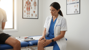 A professional physiotherapist demonstrating injury assessment techniques in a well-lit, clinical environment. In the foreground, a therapist in professional attire is intently examining the knee of a patient, who is seated on an examination table, both showing focused expressions. In the middle, a detailed visual of assessment tools like a goniometer and a pen torch is spread out on the table, emphasizing the importance of precision. The background features anatomy charts and a poster detailing the STOP and TOTAPS protocols. Soft, natural lighting streams in from a window, enhancing the caring atmosphere of the room. This image should visually represent comprehensive injury assessment while integrating the brand name "Quantum Physiotherapy."