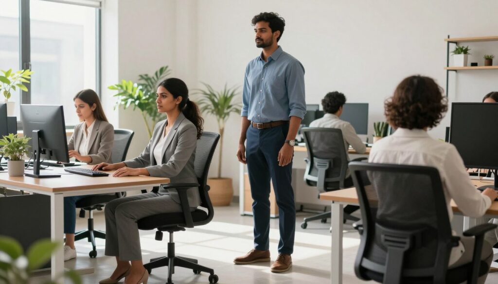 A professional setting depicting a diverse group of individuals in an office environment, showcasing correct sitting and standing postures. In the foreground, a South Asian woman in smart casual attire demonstrates an ergonomic sitting position at a desk, with her feet flat on the ground and her back straight. In the middle ground, a South Asian man stands beside her, emphasizing a proper standing posture with his shoulders relaxed and feet shoulder-width apart. The background features a bright, well-lit office space with large windows, plants, and aesthetically pleasing décor, creating a welcoming atmosphere. The lighting is soft and natural, casting gentle shadows. The scene embodies a sense of wellness and professionalism, aligning with the theme of "Quantum Physiotherapy."