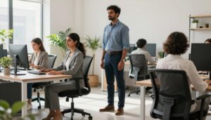 A professional setting depicting a diverse group of individuals in an office environment, showcasing correct sitting and standing postures. In the foreground, a South Asian woman in smart casual attire demonstrates an ergonomic sitting position at a desk, with her feet flat on the ground and her back straight. In the middle ground, a South Asian man stands beside her, emphasizing a proper standing posture with his shoulders relaxed and feet shoulder-width apart. The background features a bright, well-lit office space with large windows, plants, and aesthetically pleasing décor, creating a welcoming atmosphere. The lighting is soft and natural, casting gentle shadows. The scene embodies a sense of wellness and professionalism, aligning with the theme of "Quantum Physiotherapy."