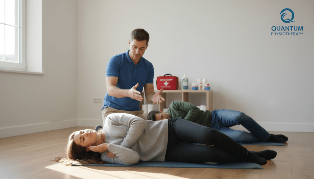 A professional setting depicting the side recovery position, featuring a male and female figure in modest casual clothing. The foreground shows the female figure lying on her side, demonstrating the recovery position, her body angled slightly to capture the correct posture. In the middle ground, an instructor is gently guiding the male figure, who is on the floor, into the side recovery position, demonstrating a supportive and educational environment. The background features a bright, well-lit room with soft natural light filtering through a window, providing a warm and reassuring atmosphere. The room includes basic medical supplies subtly placed, signaling a sense of preparedness. The logo for "Quantum Physiotherapy" is present in the corner of the image, providing a touch of professionalism without cluttering the scene. A professional setting depicting the side recovery position, featuring a male and female figure in modest casual clothing. The foreground shows the female figure lying on her side, demonstrating the recovery position, her body angled slightly to capture the correct posture. In the middle ground, an instructor is gently guiding the male figure, who is on the floor, into the side recovery position, demonstrating a supportive and educational environment. The background features a bright, well-lit room with soft natural light filtering through a window, providing a warm and reassuring atmosphere. The room includes basic medical supplies subtly placed, signaling a sense of preparedness. The logo for "Quantum Physiotherapy" is present in the corner of the image, providing a touch of professionalism without cluttering the scene.