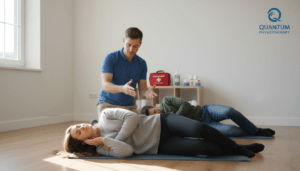 A professional setting depicting the side recovery position, featuring a male and female figure in modest casual clothing. The foreground shows the female figure lying on her side, demonstrating the recovery position, her body angled slightly to capture the correct posture. In the middle ground, an instructor is gently guiding the male figure, who is on the floor, into the side recovery position, demonstrating a supportive and educational environment. The background features a bright, well-lit room with soft natural light filtering through a window, providing a warm and reassuring atmosphere. The room includes basic medical supplies subtly placed, signaling a sense of preparedness. The logo for "Quantum Physiotherapy" is present in the corner of the image, providing a touch of professionalism without cluttering the scene.