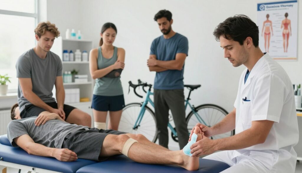 A professional, well-lit clinic setting showcasing a variety of common sports injuries being treated. In the foreground, a focused physiotherapist in smart, modest clothing examines a patient's sprained ankle, applying ice to reduce swelling. The middle layer features a diverse group of athletes, including a runner with a bandaged knee and a cyclist holding their elbow in pain, each highlighting different injuries. In the background, shelves filled with medical supplies and posters depicting injury prevention techniques enhance the clinic ambiance. Soft, natural lighting creates a calm and professional atmosphere, emphasizing care and recovery. Add the logo for "Quantum Physiotherapy" subtly in the corner of the image.