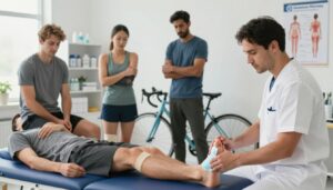 A professional, well-lit clinic setting showcasing a variety of common sports injuries being treated. In the foreground, a focused physiotherapist in smart, modest clothing examines a patient's sprained ankle, applying ice to reduce swelling. The middle layer features a diverse group of athletes, including a runner with a bandaged knee and a cyclist holding their elbow in pain, each highlighting different injuries. In the background, shelves filled with medical supplies and posters depicting injury prevention techniques enhance the clinic ambiance. Soft, natural lighting creates a calm and professional atmosphere, emphasizing care and recovery. Add the logo for "Quantum Physiotherapy" subtly in the corner of the image.