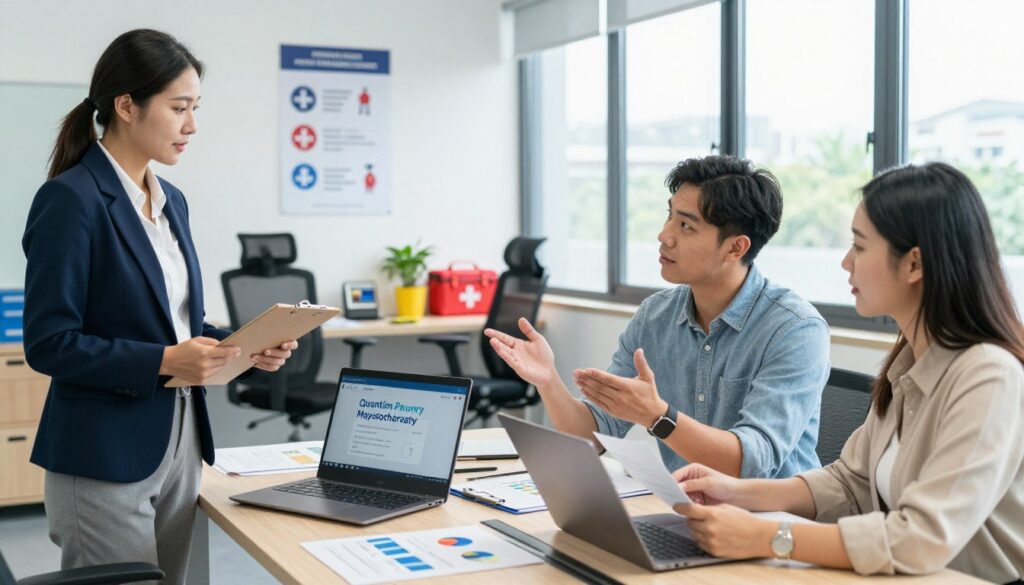 A professional workplace injury management scene demonstrating the development of a tailored injury management framework. In the foreground, a diverse group of three professionals—a woman in smart business attire holding a clipboard, a man in casual business wear discussing strategies, and another woman reviewing documents—are collaborating at a conference table filled with charts, and a laptop displaying "Quantum Physiotherapy" on the screen. In the middle ground, an ergonomic workspace with safety equipment, first aid kits, and informative posters about injury prevention can be seen. The background features large windows allowing natural light to flood in, creating a bright, positive atmosphere. The overall mood is focused and proactive, highlighting teamwork and professionalism in injury management strategies.