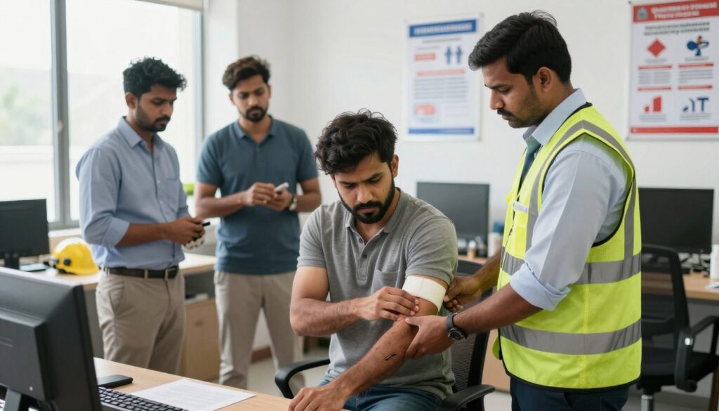 A realistic workplace scene depicting a variety of workplace injuries in an Indian business environment. In the foreground, a safety officer in professional attire is assisting an employee who has a minor cut on their arm, while another worker in modest casual clothing is applying a bandage. In the middle ground, a few employees appear concerned, discussing safety measures, with visible safety equipment like helmets and gloves. The background features an office setting with health posters promoting safety protocols. The lighting is bright and natural, simulating daylight filtering through large windows. The overall mood conveys urgency and the importance of injury management, emphasizing the need for structured approaches. Incorporate the logo of “Quantum Physiotherapy” subtly into the office décor.