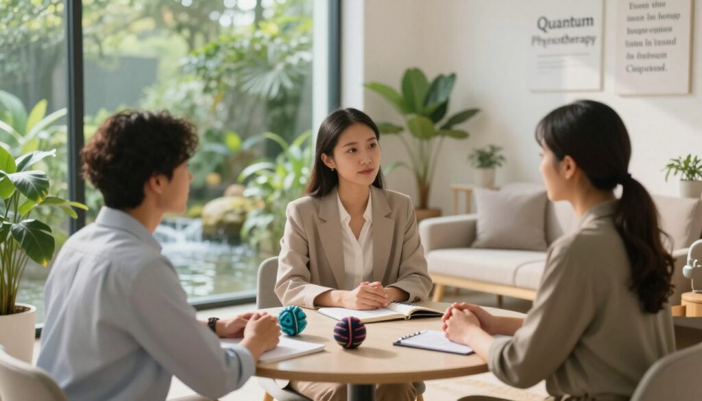 A serene and contemplative scene depicting relapse prevention triggers in a holistic recovery context. In the foreground, a diverse group of three individuals, dressed in professional business attire, engage in a supportive discussion around a small table, featuring tools like stress balls and mindfulness journals. In the middle ground, a calming nature scene unfolds with lush greenery and soft, flowing water, symbolizing peace and healing. The background showcases a tranquil, sunlit therapy room with plants and inspirational quotes on the walls, creating an inviting atmosphere. Use soft natural lighting to evoke warmth and safety, with a slightly blurred focus on the surroundings to emphasize the central theme of connection and support. The overall mood is uplifting and encouraging, embodying the essence of "Quantum Physiotherapy" and its commitment to holistic recovery. A serene and contemplative scene depicting relapse prevention triggers in a holistic recovery context. In the foreground, a diverse group of three individuals, dressed in professional business attire, engage in a supportive discussion around a small table, featuring tools like stress balls and mindfulness journals. In the middle ground, a calming nature scene unfolds with lush greenery and soft, flowing water, symbolizing peace and healing. The background showcases a tranquil, sunlit therapy room with plants and inspirational quotes on the walls, creating an inviting atmosphere. Use soft natural lighting to evoke warmth and safety, with a slightly blurred focus on the surroundings to emphasize the central theme of connection and support. The overall mood is uplifting and encouraging, embodying the essence of "Quantum Physiotherapy" and its commitment to holistic recovery.