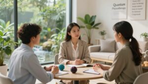 A serene and contemplative scene depicting relapse prevention triggers in a holistic recovery context. In the foreground, a diverse group of three individuals, dressed in professional business attire, engage in a supportive discussion around a small table, featuring tools like stress balls and mindfulness journals. In the middle ground, a calming nature scene unfolds with lush greenery and soft, flowing water, symbolizing peace and healing. The background showcases a tranquil, sunlit therapy room with plants and inspirational quotes on the walls, creating an inviting atmosphere. Use soft natural lighting to evoke warmth and safety, with a slightly blurred focus on the surroundings to emphasize the central theme of connection and support. The overall mood is uplifting and encouraging, embodying the essence of "Quantum Physiotherapy" and its commitment to holistic recovery.