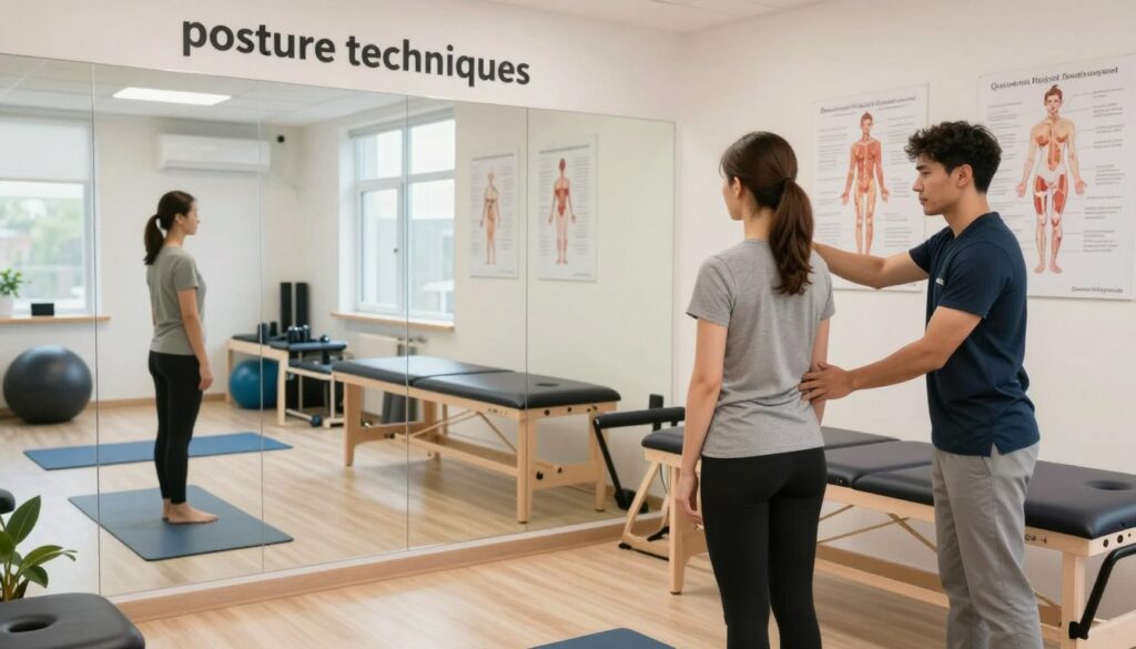 A serene and informative scene showcasing "posture techniques" within a bright, modern physiotherapy clinic. In the foreground, a professional instructor in smart casual clothing demonstrates proper posture with a model against a large wall mirror. The instructor's posture is upright and confident, illustrating the concept of "assess". In the middle ground, various height-adjustable tables are arranged, with anatomical posters on the walls explaining posture adjustments. The background reveals a softly lit exercise area with training mats and equipment, enhancing the focus on physical training. The overall mood is calm and educational, inviting viewers to engage with the subject matter. Natural light filters through large windows, creating an uplifting atmosphere. The brand "Quantum Physiotherapy" subtly incorporated into the decor, ensuring the environment feels credible and professional.