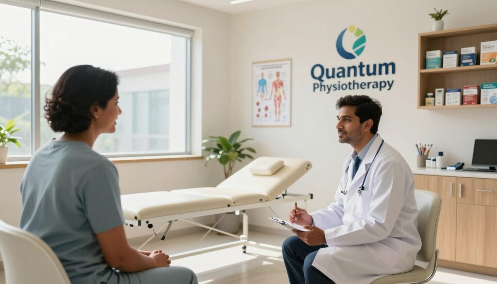 A serene and inviting interior of a modern pain management clinic in India, showcasing a clean, well-lit consultation room. In the foreground, a compassionate pain specialist in professional attire is attentively discussing treatment options with a patient, who appears hopeful and engaged. Bright natural light filters through large windows, illuminating the space and emphasizing the calming colors of the decor. The middle ground features a sleek treatment table and anatomical charts, while the background displays shelves filled with health resources and a logo of "Quantum Physiotherapy" prominently placed on the wall. The atmosphere is warm and supportive, conveying a sense of trust and professionalism, perfect for those seeking pain management solutions.