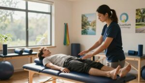 A serene and inviting physical therapy room, bathed in warm, natural light filtering through large windows. In the foreground, a focused physiotherapist in smart casual clothing assists an athlete, demonstrating recovery techniques with gentle stretching exercises. The athlete, in comfortable workout attire, appears relaxed and engaged in the moment. In the middle, various rehabilitation equipment, like resistance bands and foam rollers, is neatly arranged, symbolizing a well-equipped environment for recovery. In the background, calming images of nature are displayed on the walls, enhancing the atmosphere of tranquility and healing. The overall mood is one of professionalism, support, and dedication to athletic recovery, with the logo of "Quantum Physiotherapy" subtly integrated into the decor. The image is captured with a soft focus, evoking a sense of peace and rejuvenation.