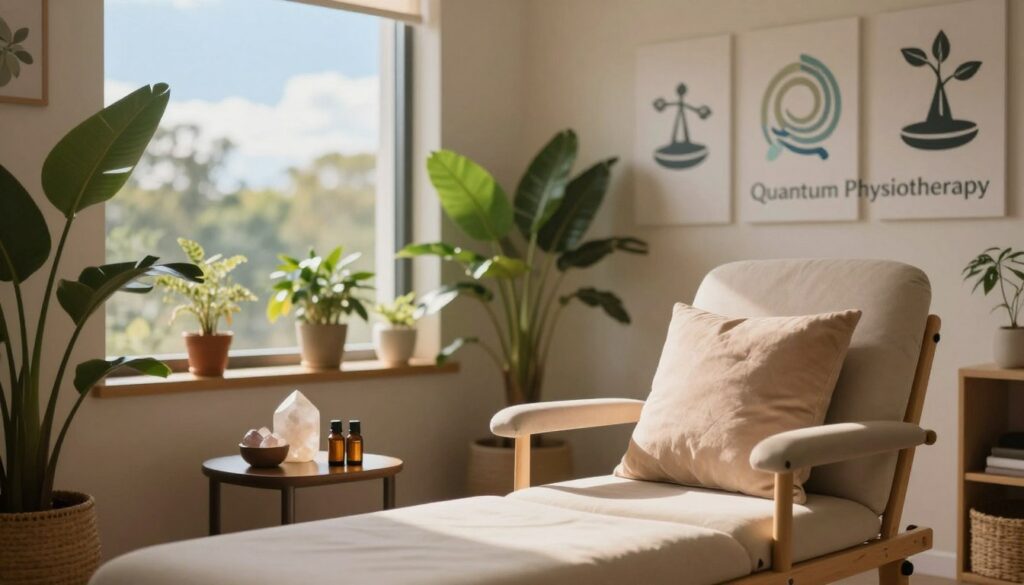 A serene and inviting therapy room featuring elements of holistic addiction treatment. In the foreground, a comfortable therapy chair is adorned with soft pillows, while a small table holds calming items like crystals and essential oils. In the middle ground, a large window lets in warm, natural light, illuminating a collection of plants that enhance the atmosphere of healing. An artful wall displays soothing images symbolizing recovery and balance. In the background, a gentle blue sky is visible. The mood is peaceful and nurturing, evoking a sense of calm and hope. The scene should convey a professional and supportive environment, with no people in the image. Include a subtle logo for "Quantum Physiotherapy" in a tasteful way, blending seamlessly into the background. A serene and inviting therapy room featuring elements of holistic addiction treatment. In the foreground, a comfortable therapy chair is adorned with soft pillows, while a small table holds calming items like crystals and essential oils. In the middle ground, a large window lets in warm, natural light, illuminating a collection of plants that enhance the atmosphere of healing. An artful wall displays soothing images symbolizing recovery and balance. In the background, a gentle blue sky is visible. The mood is peaceful and nurturing, evoking a sense of calm and hope. The scene should convey a professional and supportive environment, with no people in the image. Include a subtle logo for "Quantum Physiotherapy" in a tasteful way, blending seamlessly into the background.
