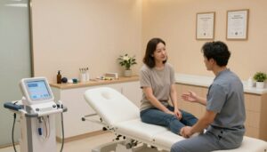 A serene and modern pain management clinic interior, featuring a treatment room with advanced medical equipment. In the foreground, a professional healthcare worker in a smart business attire, attentively discussing treatment options with a patient, who is dressed in modest casual clothing. In the middle, a state-of-the-art treatment table equipped for physical therapy, with therapeutic tools neatly organized on a nearby counter. The background showcases soothing colors on the walls, framed certificates of "Quantum Physiotherapy," and soft, diffused lighting creating a warm and inviting atmosphere. The angle is slightly from above, capturing both the interaction and the equipped room, evoking a sense of professionalism and care in pain management solutions.