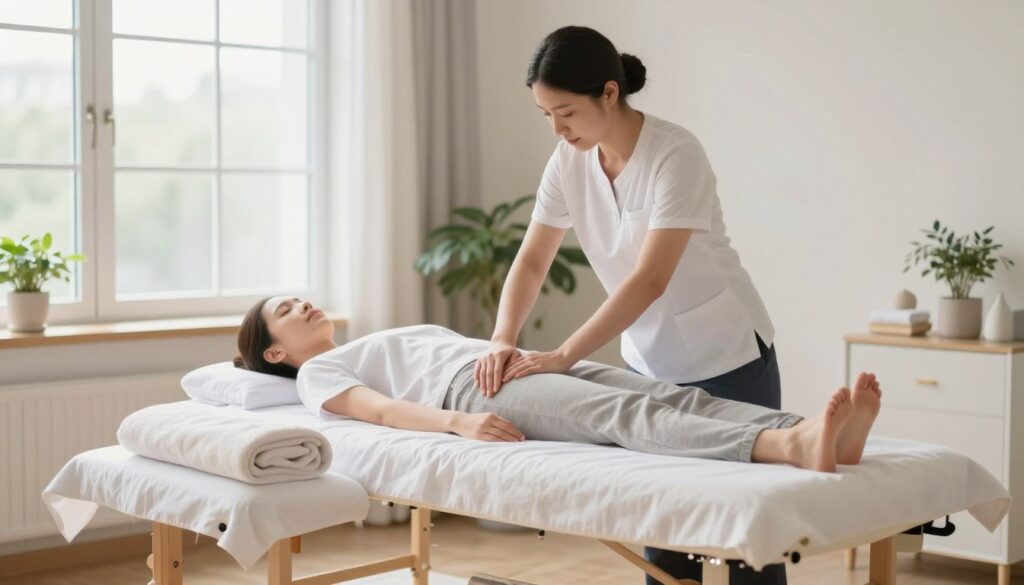 A serene and professional massage therapy setting, showcasing a well-lit treatment room with soft, natural light streaming through large windows. In the foreground, a massage table is dressed with fresh linens and plush towels, symbolizing comfort and hygiene. In the middle ground, a trained professional in a crisp, white shirt and dark pants demonstrates proper massage techniques on a model, who is also dressed modestly in professional attire. The therapist practices safety by using supportive equipment, such as cushions and bolsters. The background subtly features calming decor, with potted plants and soft pastel colors that evoke a peaceful atmosphere. The overall mood is reassuring and health-focused, with an emphasis on safety in manual therapy practices. Quantum Physiotherapy branding is discreetly integrated into the room.