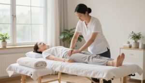 A serene and professional massage therapy setting, showcasing a well-lit treatment room with soft, natural light streaming through large windows. In the foreground, a massage table is dressed with fresh linens and plush towels, symbolizing comfort and hygiene. In the middle ground, a trained professional in a crisp, white shirt and dark pants demonstrates proper massage techniques on a model, who is also dressed modestly in professional attire. The therapist practices safety by using supportive equipment, such as cushions and bolsters. The background subtly features calming decor, with potted plants and soft pastel colors that evoke a peaceful atmosphere. The overall mood is reassuring and health-focused, with an emphasis on safety in manual therapy practices. Quantum Physiotherapy branding is discreetly integrated into the room.