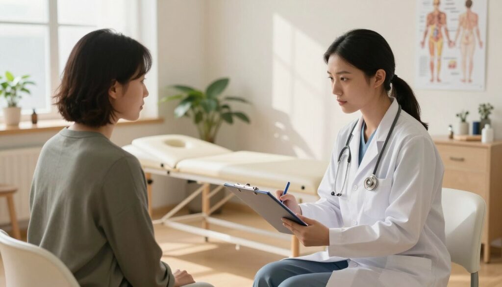 A serene and professional therapy assessment scene set in a modern clinic. In the foreground, a skilled therapist in professional attire, holding a clipboard, engages thoughtfully with a patient, who is dressed in casual but modest clothing. Both are focused on a detailed assessment, with anatomical charts and tools visible on a nearby table. The middle ground features a comfortable therapy table and soft lighting that creates a calming atmosphere. In the background, warm colors and natural light from large windows enhance the inviting environment, decorated with plants that add a touch of life. The soft shadows cast by the lighting create a peaceful ambience indicative of healing and focus, promoting the theme of "Quantum Physiotherapy" as a holistic approach to treatment.