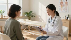 A serene and professional therapy assessment scene set in a modern clinic. In the foreground, a skilled therapist in professional attire, holding a clipboard, engages thoughtfully with a patient, who is dressed in casual but modest clothing. Both are focused on a detailed assessment, with anatomical charts and tools visible on a nearby table. The middle ground features a comfortable therapy table and soft lighting that creates a calming atmosphere. In the background, warm colors and natural light from large windows enhance the inviting environment, decorated with plants that add a touch of life. The soft shadows cast by the lighting create a peaceful ambience indicative of healing and focus, promoting the theme of "Quantum Physiotherapy" as a holistic approach to treatment.