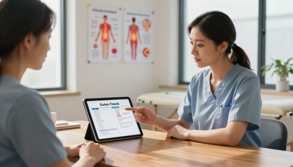 A serene clinic consultation room featuring a detailed treatment plan displayed on a sleek tablet lying on a polished wooden desk. In the foreground, a professional physiotherapist, dressed in smart casual attire, attentively discusses the plan with a focused patient. In the middle ground, vibrant medical diagrams and charts are pinned to the walls, highlighting various pain management solutions centered around individualized care. The background includes soft, natural lighting filtering through large windows, casting gentle shadows, enhancing a sense of calm and hope. The atmosphere is warm, inviting, and encouraging, embodying the ethos of Quantum Physiotherapy in providing personalized, comprehensive pain management services.