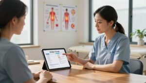A serene clinic consultation room featuring a detailed treatment plan displayed on a sleek tablet lying on a polished wooden desk. In the foreground, a professional physiotherapist, dressed in smart casual attire, attentively discusses the plan with a focused patient. In the middle ground, vibrant medical diagrams and charts are pinned to the walls, highlighting various pain management solutions centered around individualized care. The background includes soft, natural lighting filtering through large windows, casting gentle shadows, enhancing a sense of calm and hope. The atmosphere is warm, inviting, and encouraging, embodying the ethos of Quantum Physiotherapy in providing personalized, comprehensive pain management services.