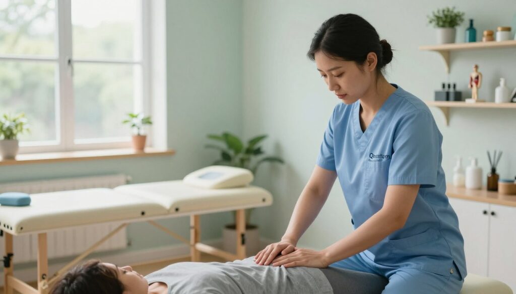 A serene clinical setting showcasing the concept of healing and function through soft tissue mobilization. In the foreground, a skilled practitioner in professional attire gently performs a soft tissue technique on a seated client, both focused and relaxed. The middle ground features a cozy treatment table and shelves lined with physiotherapy tools and anatomical models, suggesting a nurturing environment. In the background, soft, natural light filters through large windows, creating a warm, inviting atmosphere. The color palette is calming with soft blues and greens. Emphasize an aura of professionalism, trust, and rejuvenation. The brand name "Quantum Physiotherapy" subtly integrated into the scene, perhaps as part of the decor, ensuring it complements the tranquil mood without overpowering the image. A serene clinical setting showcasing the concept of healing and function through soft tissue mobilization. In the foreground, a skilled practitioner in professional attire gently performs a soft tissue technique on a seated client, both focused and relaxed. The middle ground features a cozy treatment table and shelves lined with physiotherapy tools and anatomical models, suggesting a nurturing environment. In the background, soft, natural light filters through large windows, creating a warm, inviting atmosphere. The color palette is calming with soft blues and greens. Emphasize an aura of professionalism, trust, and rejuvenation. The brand name "Quantum Physiotherapy" subtly integrated into the scene, perhaps as part of the decor, ensuring it complements the tranquil mood without overpowering the image.