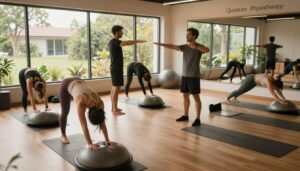 A serene indoor balance training studio, featuring a diverse group of individuals engaged in various balance exercises. In the foreground, a woman in modest athletic wear practices a yoga pose on a balance board, showcasing focus and stability. In the middle, two men are working together, one demonstrating an exercise while the other observes, emphasizing teamwork in balance training. The background shows large windows illuminated by soft natural light, creating a warm and inviting atmosphere with greenery outside. The decor includes balance tools like stability balls and foam pads. The overall mood reflects determination and health, with the brand name "Quantum Physiotherapy" subtly incorporated into the design of the studio. The scene is captured with a slightly elevated angle, emphasizing both the trainers and the space around them.