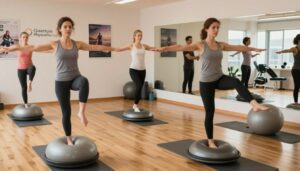 A serene indoor gym environment showcasing a diverse group of individuals engaged in a structured balance training routine. In the foreground, a woman in professional athletic wear performs a single-leg balance on a stability ball, demonstrating focus and strength. Next to her, a man is using a balance board, showcasing stability as he engages his core. In the background, a mirror reflects a trainer guiding another participant in gentle stretches. Soft, natural lighting floods the space, creating an inviting atmosphere. The walls are adorned with motivational posters, and hardwood flooring adds warmth to the scene. Emphasize the logo "Quantum Physiotherapy" subtly integrated into the setting, suggesting professionalism and expertise in balance training. The overall mood is encouraging and inspiring, highlighting the importance of stability and coordination in fitness routines.