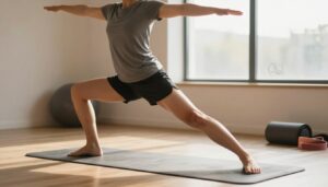 A serene indoor setting highlighting a flexible individual preparing for stretching. In the foreground, a fit person dressed in professional athletic wear, such as a fitted t-shirt and shorts, is performing a dynamic warm-up, engaging their muscles. The middle ground features a yoga mat and stretching props like resistance bands. The background subtly displays a calm, well-lit studio with soft natural light filtering through a large window, illuminating the space with a warm glow. The atmosphere is focused and motivational, embodying readiness and determination. Capture the mood of mindfulness and physical preparation, emphasizing the importance of assessing one’s body and environment before stretching. Include the logo of "Quantum Physiotherapy" discreetly in the corner.