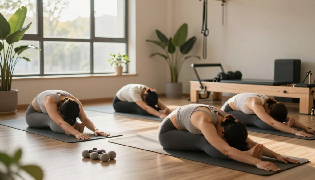 A serene indoor space designed for flexibility training at Quantum Physiotherapy. In the foreground, a diverse group of three individuals, dressed in modest activewear, demonstrate safe stretching techniques on yoga mats. One person performs a gentle hamstring stretch while another engages in a seated forward bend, emphasizing controlled movements. In the middle ground, soft natural light filters through large windows, casting a warm glow on the participants and creating a calm atmosphere. Lush indoor plants provide a refreshing touch, enhancing the environment's tranquility. In the background, exercise equipment is neatly organized, contributing to a professional yet inviting ambiance, showcasing the importance of safe stretching to reduce injury risk. The overall mood is peaceful, encouraging mindfulness and focus on wellness.