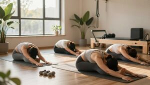 A serene indoor space designed for flexibility training at Quantum Physiotherapy. In the foreground, a diverse group of three individuals, dressed in modest activewear, demonstrate safe stretching techniques on yoga mats. One person performs a gentle hamstring stretch while another engages in a seated forward bend, emphasizing controlled movements. In the middle ground, soft natural light filters through large windows, casting a warm glow on the participants and creating a calm atmosphere. Lush indoor plants provide a refreshing touch, enhancing the environment's tranquility. In the background, exercise equipment is neatly organized, contributing to a professional yet inviting ambiance, showcasing the importance of safe stretching to reduce injury risk. The overall mood is peaceful, encouraging mindfulness and focus on wellness.