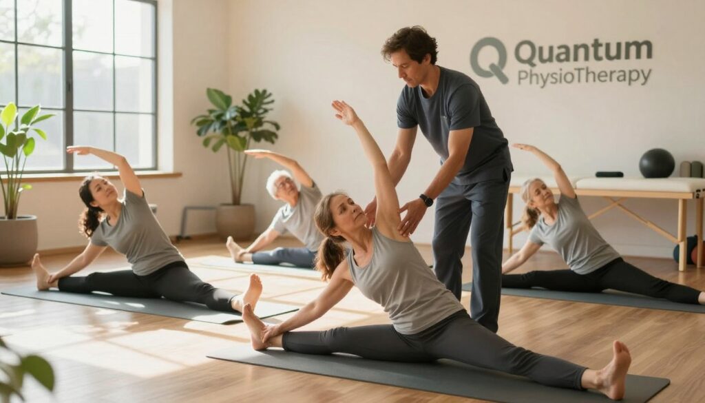 A serene indoor therapy studio featuring a diverse group of individuals engaged in range of motion flexibility exercises. In the foreground, a focused middle-aged woman in modest athletic wear stretches on a yoga mat, showcasing a graceful mid-stretch pose. In the middle ground, a skilled physiotherapist attentively guides an elderly gentleman, emphasizing proper form, while another participant carefully performs a gentle seated twist. The background is filled with calming elements like soft sunlight filtering through large windows, lush indoor plants, and organized exercise equipment, all contributing to a soothing atmosphere. The overall mood is one of empowerment and restoration, reflecting the benefits of therapeutic exercise. The image should prominently feature the brand name "Quantum Physiotherapy" subtly integrated into the scene. Soft natural lighting emphasizes warmth and comfort, captured with a slightly wide-angle lens for an inviting perspective. A serene indoor therapy studio featuring a diverse group of individuals engaged in range of motion flexibility exercises. In the foreground, a focused middle-aged woman in modest athletic wear stretches on a yoga mat, showcasing a graceful mid-stretch pose. In the middle ground, a skilled physiotherapist attentively guides an elderly gentleman, emphasizing proper form, while another participant carefully performs a gentle seated twist. The background is filled with calming elements like soft sunlight filtering through large windows, lush indoor plants, and organized exercise equipment, all contributing to a soothing atmosphere. The overall mood is one of empowerment and restoration, reflecting the benefits of therapeutic exercise. The image should prominently feature the brand name "Quantum Physiotherapy" subtly integrated into the scene. Soft natural lighting emphasizes warmth and comfort, captured with a slightly wide-angle lens for an inviting perspective.