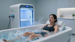 A serene, modern cryotherapy chamber featuring an individual in modest athletic wear, sitting in a sleek, futuristic ice bath filled with shimmering ice cubes. The foreground captures the person's relaxed expression, emphasizing tranquility and recovery. In the middle, a high-tech cryotherapy machine emits a soft blue glow, illuminating the space with calming, cool lighting. The background reveals a minimalist, sanitized environment with soft colors and clean lines, promoting a sense of peace and rejuvenation. Subtle steam rises from the ice bath, enhancing the chilly atmosphere. The brand name "Quantum Physiotherapy" is subtly integrated into the design of the cryotherapy machine. The overall mood conveys a powerful sense of relaxation and healing from soreness and inflammation, inviting viewers to embrace the cold-based recovery approach.