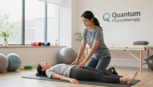 A serene physical therapy session taking place in a well-lit contemporary clinic, showcasing an experienced therapist assisting a patient with rehabilitation exercises. In the foreground, the therapist, dressed in professional attire, is guiding the patient through gentle stretches on a mat, emphasizing supportive physical care. The middle ground features therapy tools such as resistance bands and exercise balls, arranged neatly to highlight the focus on pain relief techniques. In the background, large windows allow natural light to flood the space, creating a calming atmosphere. Soft, neutral colors dominate the decor, promoting a sense of tranquility. The brand name "Quantum Physiotherapy" subtly displayed on the wall, emphasizing professionalism and expertise in pain relief therapy through guided rehabilitation.
