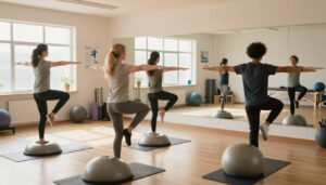 A serene physical therapy studio showcases an indoor rehabilitation space for enhancing balance and coordination. In the foreground, a diverse group of four individuals, dressed in professional athletic wear, engage in various neuromuscular training exercises. Each person demonstrates different techniques, such as balancing on one leg or using stability balls, highlighting focus and determination. In the middle ground, a large mirror reflects their movements, emphasizing posture and coordination. Soft, diffused natural light streams in through large windows, creating a warm and uplifting atmosphere. In the background, fitness equipment and motivational posters adorn the walls, exemplifying a supportive environment. The overall mood conveys empowerment and recovery, with a subtle branding element featuring "Quantum Physiotherapy" in the decor.
