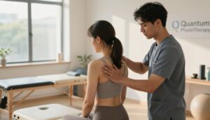 A serene physiotherapy clinic scene featuring a male therapist in professional attire providing manual therapy to a female athlete dressed in modest activewear. The foreground shows the therapist using hands-on techniques, focused and attentive, as he works on the athlete's shoulder, conveying a sense of care and expertise. In the middle ground, treatment tables and physiotherapy equipment are neatly arranged, enhancing the professional atmosphere. The background reveals large windows allowing soft, natural light to flood the space, casting gentle shadows that add warmth to the scene. The overall mood is calming and supportive, reflecting the healing and restorative nature of physiotherapy. Incorporate subtle branding elements of "Quantum Physiotherapy" in the decor without overt logos.