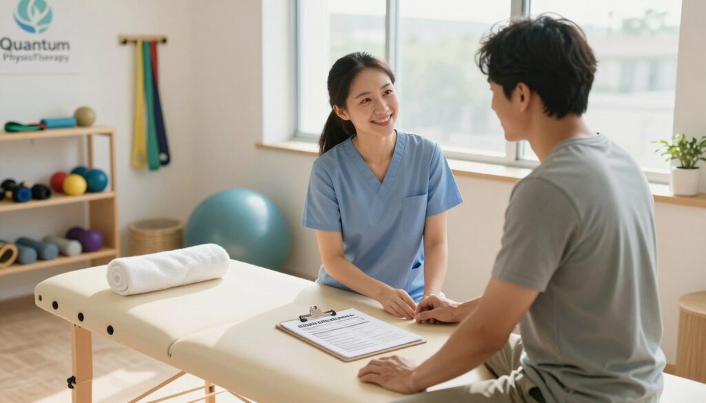 A serene physiotherapy clinic setting with a focus on treatment plans. In the foreground, a modern wooden treatment table with a rolled towel and a clipboard featuring detailed assessments and personalized treatment plans. In the middle, a physiotherapist in professional attire is attentively discussing the plan with a patient, who is dressed in modest casual clothing. Both individuals appear engaged and positive. The background shows shelves with rehabilitation tools such as resistance bands and exercise balls, and a large window allowing natural light to flood the room, enhancing the warm atmosphere. A logo for "Quantum Physiotherapy" is subtly integrated into the scene. The composition should convey a sense of trust, professionalism, and hope for recovery, captured from a slightly elevated angle to provide depth.