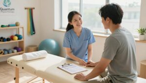 A serene physiotherapy clinic setting with a focus on treatment plans. In the foreground, a modern wooden treatment table with a rolled towel and a clipboard featuring detailed assessments and personalized treatment plans. In the middle, a physiotherapist in professional attire is attentively discussing the plan with a patient, who is dressed in modest casual clothing. Both individuals appear engaged and positive. The background shows shelves with rehabilitation tools such as resistance bands and exercise balls, and a large window allowing natural light to flood the room, enhancing the warm atmosphere. A logo for "Quantum Physiotherapy" is subtly integrated into the scene. The composition should convey a sense of trust, professionalism, and hope for recovery, captured from a slightly elevated angle to provide depth.