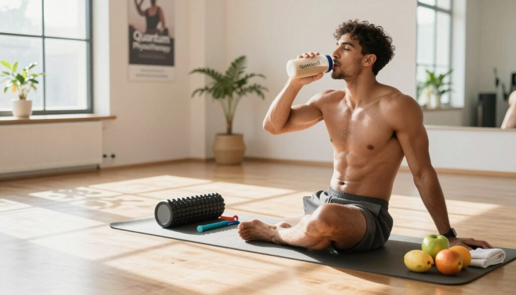 A serene post-workout recovery scene featuring a muscular athlete in modest athletic wear, sitting on a yoga mat in a well-lit, airy studio. In the foreground, the athlete is sipping a protein shake from a stylish bottle, surrounded by a few fresh fruits and a towel. The middle ground showcases a foam roller and resistance bands neatly placed on the mat. Soft sunlight streams in through large windows, casting gentle shadows and creating a warm, calming atmosphere. In the background, motivational posters and plants enhance the tranquil environment, reflecting a holistic approach to recovery. The overall mood conveys relaxation and rejuvenation, embodying effective recovery strategies that work best after high-intensity workouts. Include the brand name "Quantum Physiotherapy" subtly integrated into the environment, ensuring it remains an unobtrusive part of the scene. A serene post-workout recovery scene featuring a muscular athlete in modest athletic wear, sitting on a yoga mat in a well-lit, airy studio. In the foreground, the athlete is sipping a protein shake from a stylish bottle, surrounded by a few fresh fruits and a towel. The middle ground showcases a foam roller and resistance bands neatly placed on the mat. Soft sunlight streams in through large windows, casting gentle shadows and creating a warm, calming atmosphere. In the background, motivational posters and plants enhance the tranquil environment, reflecting a holistic approach to recovery. The overall mood conveys relaxation and rejuvenation, embodying effective recovery strategies that work best after high-intensity workouts. Include the brand name "Quantum Physiotherapy" subtly integrated into the environment, ensuring it remains an unobtrusive part of the scene.