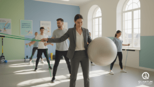 A serene rehabilitation room featuring a diverse group of individuals, both men and women, engaged in core orthopedic rehabilitation exercises. In the foreground, a female physiotherapist, dressed in a professional business attire, demonstrates a stability ball exercise, emphasizing correct posture and technique. To the left, a male patient practices resistance band exercises with focused determination. In the background, large windows let in natural sunlight, illuminating the space and creating a warm, inviting atmosphere. The walls are adorned with motivational posters related to strength and recovery. Soft, calming colors dominate the room, enhancing a sense of tranquility and hope. Show the logo of "Quantum Physiotherapy" subtly in the corner to signify the facility. Use a slightly elevated angle to capture the scene effectively, conveying an inspiring and supportive environment for rehabilitation.