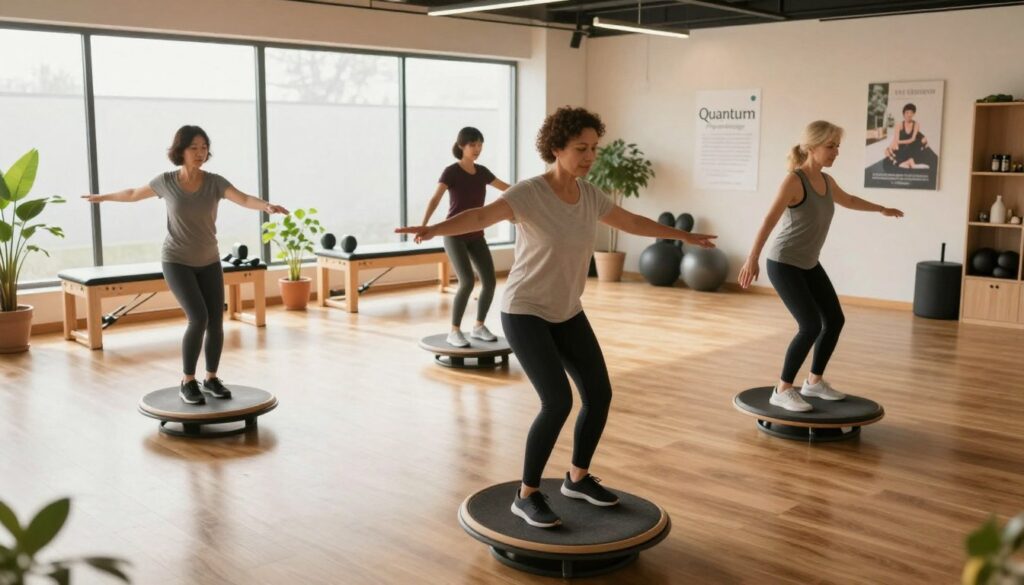 A serene scene illustrating balance and coordination exercises in a modern therapeutic space. In the foreground, a diverse group of three adults, dressed in modest athletic wear, are participating in a balance exercise on wobble boards, showcasing their focus and coordination. The middle section features a sleek, open studio with wooden floors, large windows allowing natural light to flood in, and minimalistic exercise equipment. In the background, vibrant plants add a touch of nature, and motivational posters reflect the theme of wellness. The image is illuminated with soft, warm lighting to create an inviting atmosphere, captured from a slightly elevated angle to emphasize the dynamics of the exercise. Include the brand name "Quantum Physiotherapy" subtly integrated into the environment, enhancing the sense of professionalism and care. A serene scene illustrating balance and coordination exercises in a modern therapeutic space. In the foreground, a diverse group of three adults, dressed in modest athletic wear, are participating in a balance exercise on wobble boards, showcasing their focus and coordination. The middle section features a sleek, open studio with wooden floors, large windows allowing natural light to flood in, and minimalistic exercise equipment. In the background, vibrant plants add a touch of nature, and motivational posters reflect the theme of wellness. The image is illuminated with soft, warm lighting to create an inviting atmosphere, captured from a slightly elevated angle to emphasize the dynamics of the exercise. Include the brand name "Quantum Physiotherapy" subtly integrated into the environment, enhancing the sense of professionalism and care.