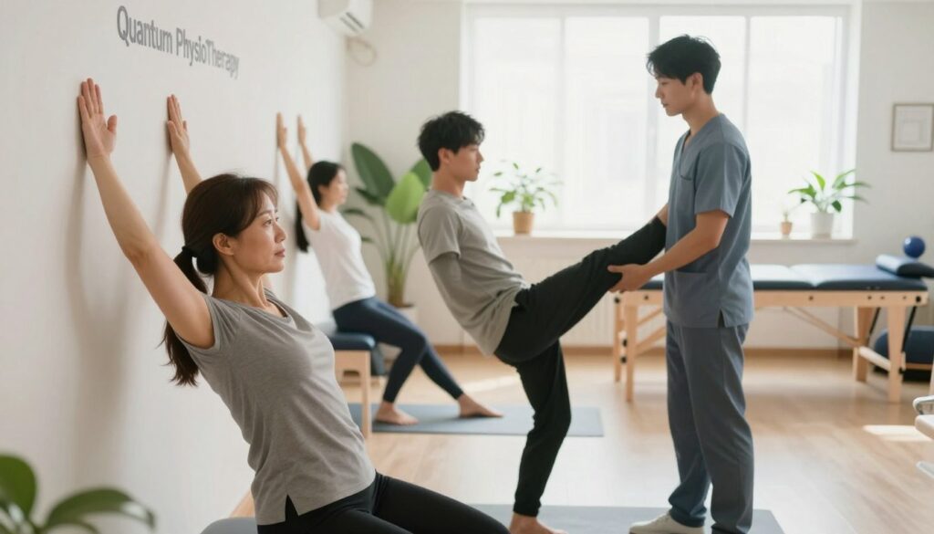 A serene therapy room bathed in soft natural light, featuring a professional physiotherapist guiding a diverse group of individuals performing therapeutic exercise for mobility and flexibility. In the foreground, a middle-aged woman in modest athletic wear stretches against a wall, focusing on her form. In the middle, a young man practices gentle leg lifts with support from a physiotherapist, showcasing teamwork and encouragement. The background includes calming green plants and medical equipment, enhancing the atmosphere of healing. The scene conveys a sense of hope and determination, highlighting the importance of rehabilitation. The words "Quantum Physiotherapy" subtly integrated into the decor. Shot at a slight angle to capture depth, with soft focus effects to evoke tranquility and focus on the exercises.