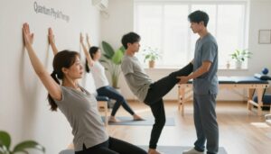 A serene therapy room bathed in soft natural light, featuring a professional physiotherapist guiding a diverse group of individuals performing therapeutic exercise for mobility and flexibility. In the foreground, a middle-aged woman in modest athletic wear stretches against a wall, focusing on her form. In the middle, a young man practices gentle leg lifts with support from a physiotherapist, showcasing teamwork and encouragement. The background includes calming green plants and medical equipment, enhancing the atmosphere of healing. The scene conveys a sense of hope and determination, highlighting the importance of rehabilitation. The words "Quantum Physiotherapy" subtly integrated into the decor. Shot at a slight angle to capture depth, with soft focus effects to evoke tranquility and focus on the exercises.