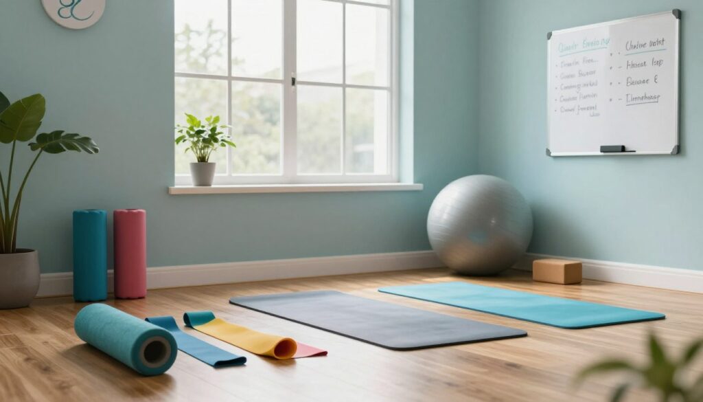 A serene therapy room reflecting a supportive atmosphere for therapeutic exercise. In the foreground, a collection of colorful resistance bands, foam rollers, and exercise mats neatly arranged on a polished wooden floor. To the side, a sturdy stability ball and a yoga block are placed invitingly. The middle of the room showcases a large window, allowing natural light to flood in, creating a warm ambiance. In the background, soft green plants add a touch of nature, enhancing the calming environment. A whiteboard with neatly written exercise tips can be seen, embodying the spirit of education. The room is decorated in soothing colors like soft blues and greens, embodying a sense of peace and motivation. The logo "Quantum Physiotherapy" is subtly integrated into the room’s decor, ensuring a professional touch. A serene therapy room reflecting a supportive atmosphere for therapeutic exercise. In the foreground, a collection of colorful resistance bands, foam rollers, and exercise mats neatly arranged on a polished wooden floor. To the side, a sturdy stability ball and a yoga block are placed invitingly. The middle of the room showcases a large window, allowing natural light to flood in, creating a warm ambiance. In the background, soft green plants add a touch of nature, enhancing the calming environment. A whiteboard with neatly written exercise tips can be seen, embodying the spirit of education. The room is decorated in soothing colors like soft blues and greens, embodying a sense of peace and motivation. The logo "Quantum Physiotherapy" is subtly integrated into the room’s decor, ensuring a professional touch.
