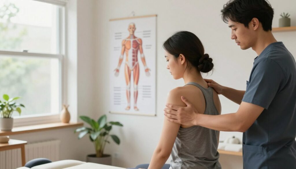 A serene therapy room showcasing the benefits of soft tissue mobilization, with a soothing atmosphere emphasized by soft, natural lighting filtering through a large window. In the foreground, a professional physiotherapist, dressed in business casual attire, gently performs soft tissue mobilization on a client's shoulder, who is wearing modest activewear. In the middle, a graphic illustration of the human body's muscle layers is displayed on a wall, symbolizing the underlying benefits of mobilization, such as improved circulation and muscle relaxation. In the background, calming decor with plants and wooden accents enhances the therapeutic environment. The image reflects a sense of professionalism, compassion, and healing, intended to convey the positive impact of mobilization therapies offered by Quantum Physiotherapy. A serene therapy room showcasing the benefits of soft tissue mobilization, with a soothing atmosphere emphasized by soft, natural lighting filtering through a large window. In the foreground, a professional physiotherapist, dressed in business casual attire, gently performs soft tissue mobilization on a client's shoulder, who is wearing modest activewear. In the middle, a graphic illustration of the human body's muscle layers is displayed on a wall, symbolizing the underlying benefits of mobilization, such as improved circulation and muscle relaxation. In the background, calming decor with plants and wooden accents enhances the therapeutic environment. The image reflects a sense of professionalism, compassion, and healing, intended to convey the positive impact of mobilization therapies offered by Quantum Physiotherapy.