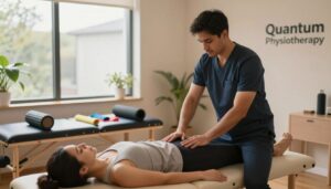 A serene treatment room dedicated to manual therapy techniques. In the foreground, a skilled therapist in professional attire is gently performing myofascial release on a seated patient, who is wearing modest, athletic clothing. The therapist’s focused expression conveys professionalism and care. In the middle ground, various manual therapy tools, such as foam rollers and resistance bands, are neatly arranged. The room is illuminated with soft, warm lighting that enhances the calming atmosphere, while large windows in the background allow natural light to filter in. The decor includes soothing colors and plants, promoting a sense of tranquility and healing. The image brandishes "Quantum Physiotherapy" subtly incorporated into the room's decor, embodying a modern approach to health and wellness.