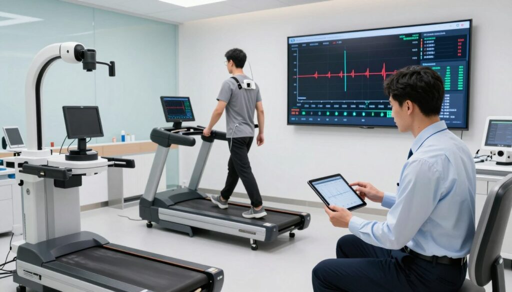A sophisticated medical setting showcasing various gait analysis methods and technologies. In the foreground, a professional in business attire analyzes gait data on a tablet; they are surrounded by advanced equipment like motion capture cameras and force plates. The middle ground features a patient walking on a treadmill equipped with sensors, their movements monitored in real-time. In the background, a large screen displays dynamic gait analysis graphs and data. The atmosphere is bright and clinical, with soft, diffused lighting to enhance the technicality of the scene. The lens captures a wide angle to include all elements, reflecting innovation in the field. The branding "Quantum Physiotherapy" is subtly integrated into the high-tech environment, emphasizing expertise in modern gait analysis services.