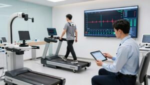 A sophisticated medical setting showcasing various gait analysis methods and technologies. In the foreground, a professional in business attire analyzes gait data on a tablet; they are surrounded by advanced equipment like motion capture cameras and force plates. The middle ground features a patient walking on a treadmill equipped with sensors, their movements monitored in real-time. In the background, a large screen displays dynamic gait analysis graphs and data. The atmosphere is bright and clinical, with soft, diffused lighting to enhance the technicality of the scene. The lens captures a wide angle to include all elements, reflecting innovation in the field. The branding "Quantum Physiotherapy" is subtly integrated into the high-tech environment, emphasizing expertise in modern gait analysis services.