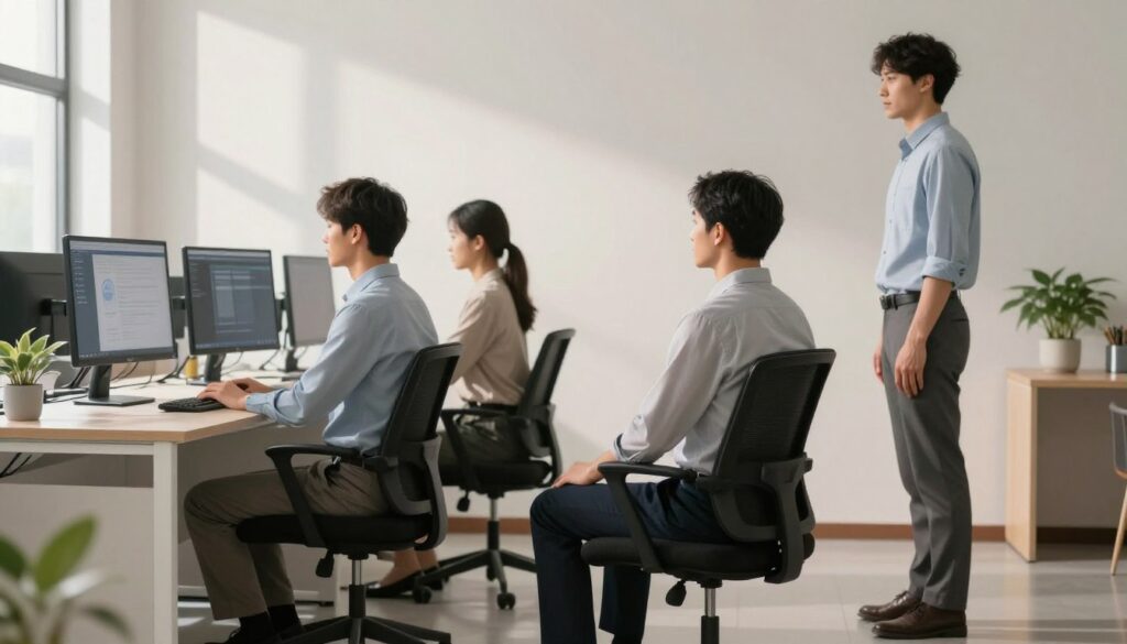 A tranquil office environment showcasing three distinct figures in a professional business setting. In the foreground, a well-dressed individual sits upright at a desk, demonstrating proper sitting posture with back straight and feet flat on the floor, while another figure stands nearby, showcasing good standing posture with arms relaxed at their sides. In the middle ground, a third person interacts with a computer screen, positioned to reflect healthy screen time posture by having their eye level aligned with the monitor, all while maintaining a neutral spine. The background features soft, natural lighting filtering through a window, casting gentle shadows that enhance the calm atmosphere. The scene embodies the principles of posture correction, promoting awareness and mindfulness in physical alignment. Quantum Physiotherapy branding subtly integrated into the environment. A tranquil office environment showcasing three distinct figures in a professional business setting. In the foreground, a well-dressed individual sits upright at a desk, demonstrating proper sitting posture with back straight and feet flat on the floor, while another figure stands nearby, showcasing good standing posture with arms relaxed at their sides. In the middle ground, a third person interacts with a computer screen, positioned to reflect healthy screen time posture by having their eye level aligned with the monitor, all while maintaining a neutral spine. The background features soft, natural lighting filtering through a window, casting gentle shadows that enhance the calm atmosphere. The scene embodies the principles of posture correction, promoting awareness and mindfulness in physical alignment. Quantum Physiotherapy branding subtly integrated into the environment.