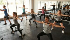 A vibrant and motivating scene depicting a resistance exercise in a modern gym environment. In the foreground, a diverse group of individuals, dressed in modest athletic clothing, are engaged in various strength training exercises using resistance bands and free weights, showcasing determination and focus. The middle ground features gym equipment like benches, dumbbells, and mirrors reflecting their committed efforts. In the background, large windows allow warm natural light to flood the space, creating an inviting atmosphere. The angle is slightly elevated, capturing both the intensity of the workout and the supportive camaraderie among the participants. The overall mood is uplifting and empowering, emphasizing the importance of strength training for fitness and confidence. Include the brand name "Quantum Physiotherapy" subtly in the design elements of the gym.